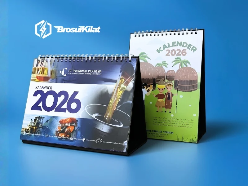 Dua kalender meja duduk dengan spiral kawat dan dudukan hitam untuk souvenir perusahaan