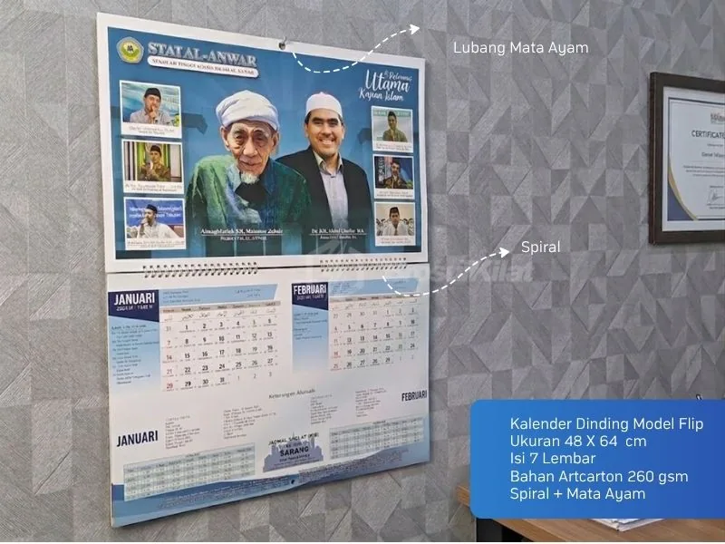 Kalender dinding model flip 48x64 cm art carton 260 gsm dengan spiral dan mata ayam
