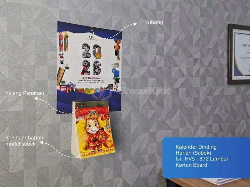 Kalender dinding harian model sobek karton board berdampingan dengan kalender poster tahunan di dinding