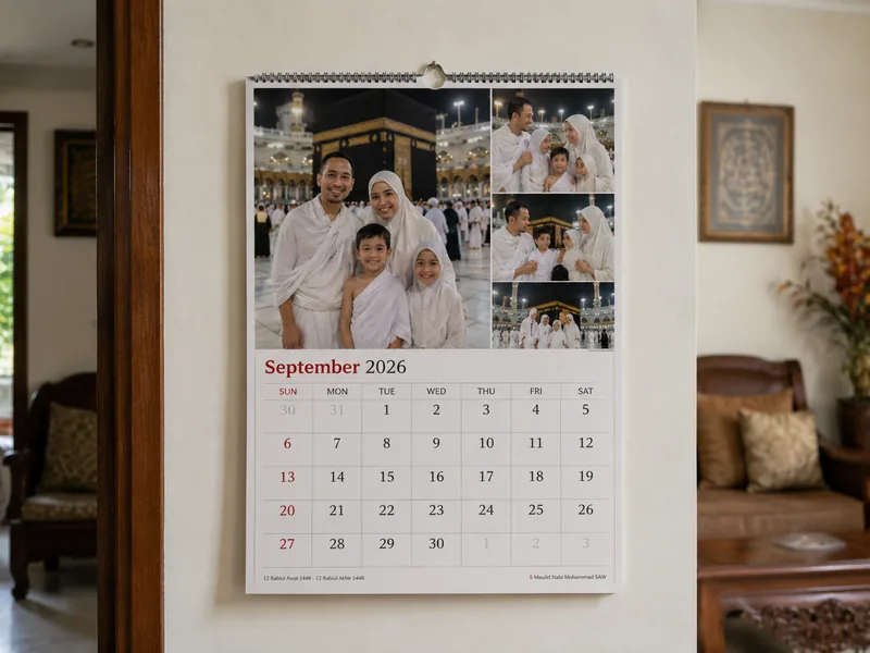 kalender dinding satuan foto keluarga umroh terpasang di dinding ruang keluarga