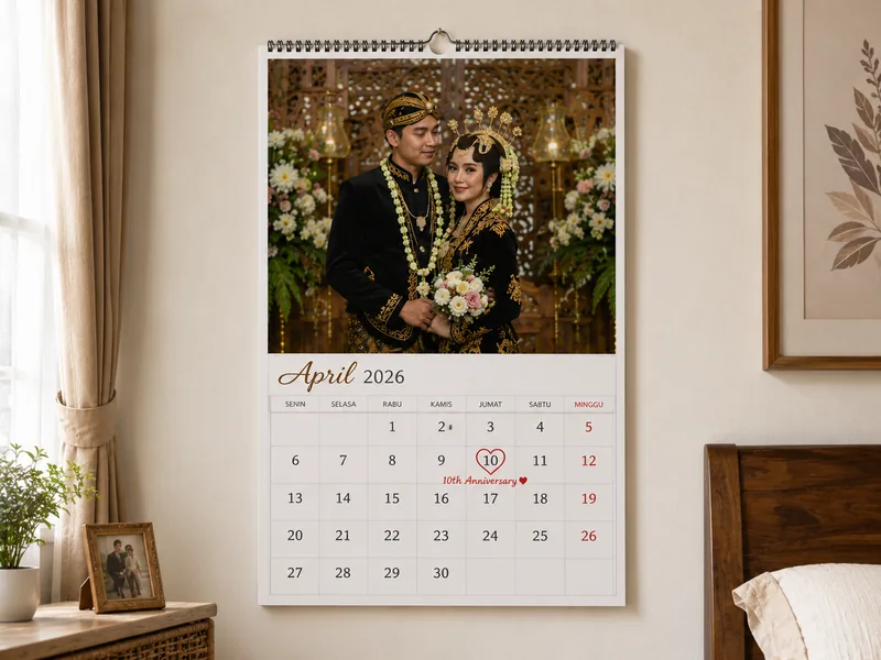 kalender dinding satuan tema pernikahan terpasang di dinding kamar