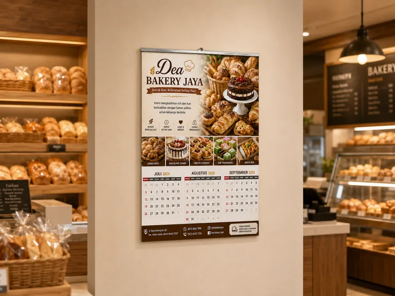 kalender dinding satuan promosi usaha terpasang di dinding toko