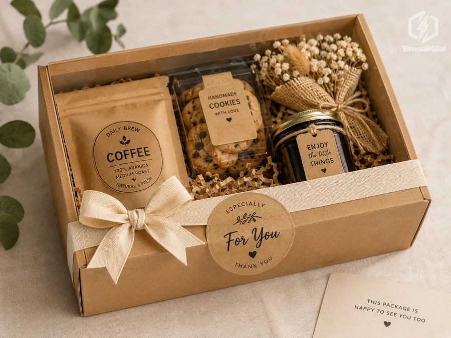 label kraft custom untuk hampers dan gift packaging