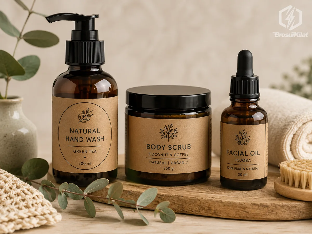 label kraft custom pada botol hand wash, body scrub, dan facial oil