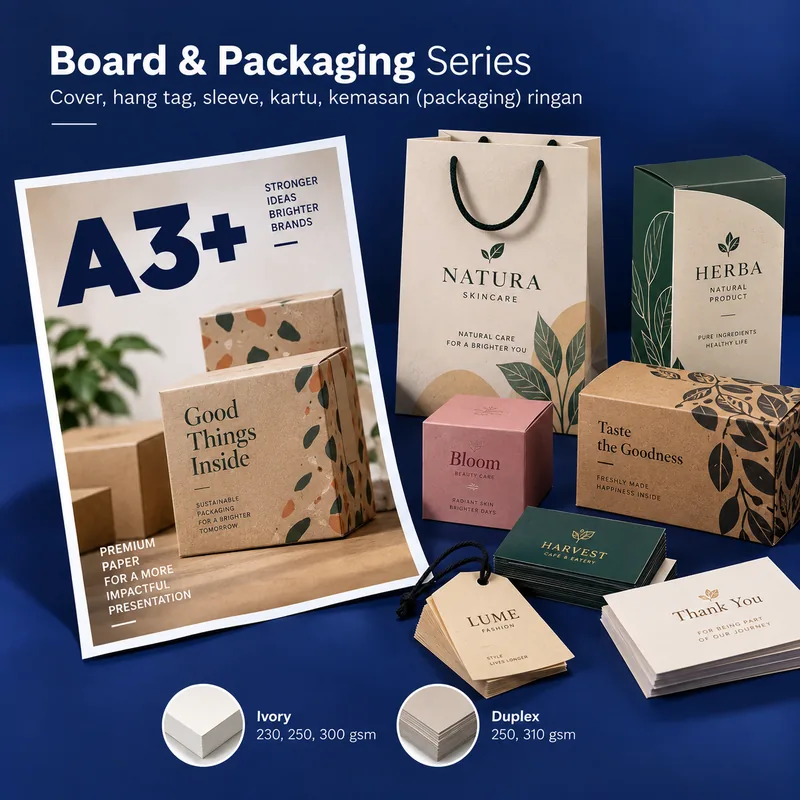 cetak A3+ board dan packaging untuk hang tag, sleeve, dan kemasan ringan