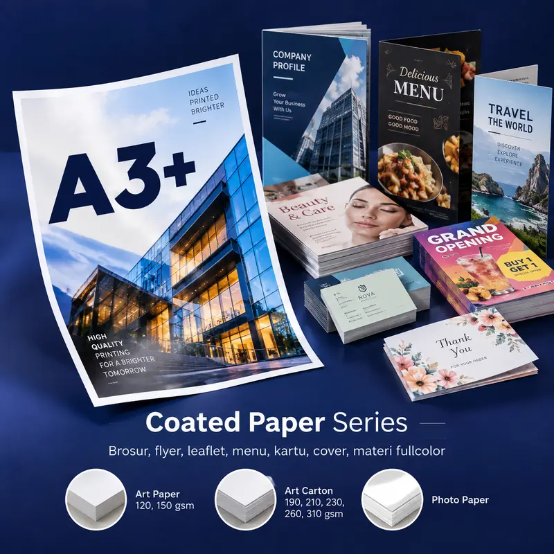 cetak A3+ coated paper untuk brosur, flyer, dan materi fullcolor