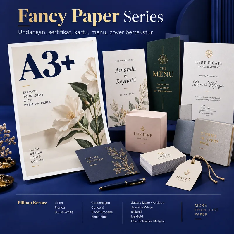 cetak A3+ fancy paper bertekstur untuk undangan, sertifikat, dan kartu premium
